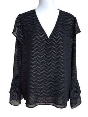 A New Day Black and Gold Metallic Dotted V Neck Blouse NEW